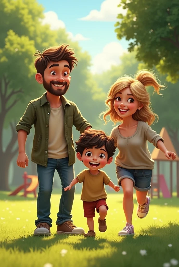 A candid, realistic photograph of a family of four playing together in a park on a sunny day. The father, in his late 30s, has short brown hair with a few strands of gray, slight stubble, and faint wrinkles around his eyes. The mother, in her mid-30s, has wavy blonde hair tied back loosely, with visible freckles and a natural, slightly tired appearance. The young boy, around , has messy dark hair, a playful grin, and slightly dirty clothes from playing. The , about , has curly hair, a slightly smudged face, and an excited expression. The family is interacting naturally, with the parents smiling warmly as the children run around. The park is green with scattered trees, a simple playground in the background, and sunlight casting soft, realistic shadows. Skin textures should include visible pores, slight imperfections, and a natural, unpolished look. The overall photo should avoid any cartoonish features, focusing on lifelike details and a natural, everyday family scene.