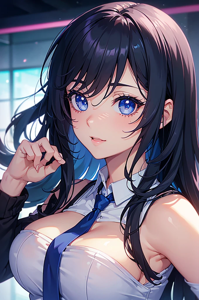 ((short, Highest quality, High resolution, Hmph, Pixel perfect, 4K, Hmph, Hmph))), One Girl, single, alone, Beauty、 (( Black Hair、bangs)), ((Big blue eyes, Beautiful eyelashes, Realistic eyes、Double)), ((Detailed smile, )), ((Smooth texture:0.75, Realistic texture:0.65, Realistic:1.1, Anime CG style)), Big Breasts, Perfect body, school uniform、skirt、Pink tie
