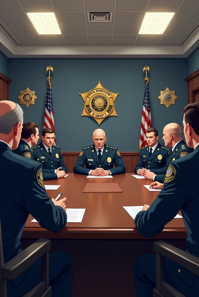 Create an image of a police chief conducting a meeting with their officers inside a well-organized police department. The chief, in full uniform, is seated at the head of a large table, addressing the officers who are gathered around, paying close attention. The room should convey professionalism, with police badges, flags, or other law enforcement symbols visible on the walls, and a sense of order and discipline in the setting