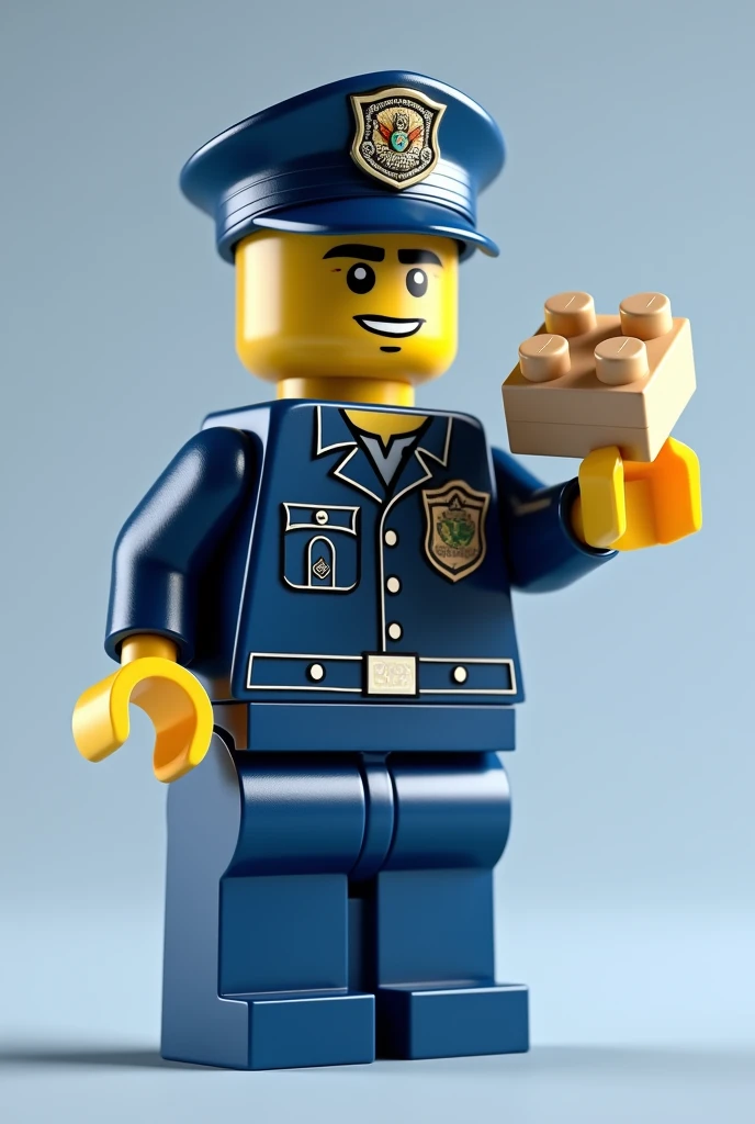 Lego policeman with a Lego piece in his hand