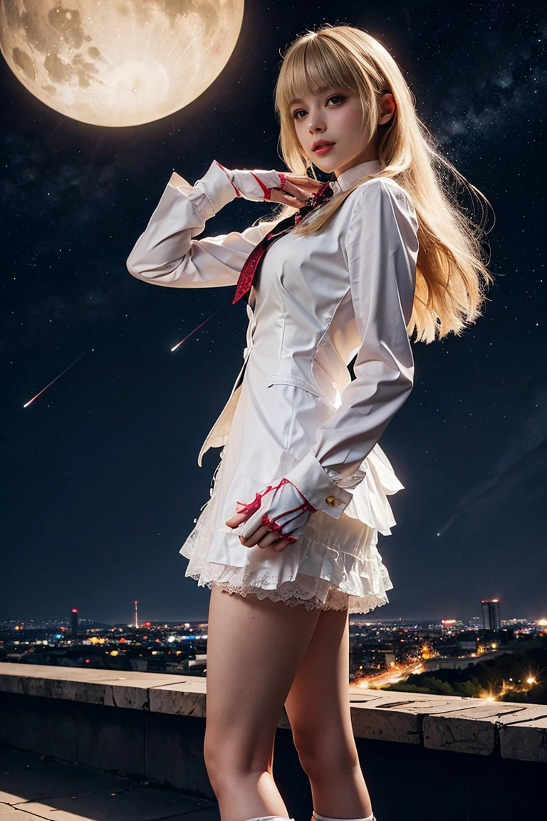 a beautiful girl, looking at a starry sky, in a miniskirt and white stockings.