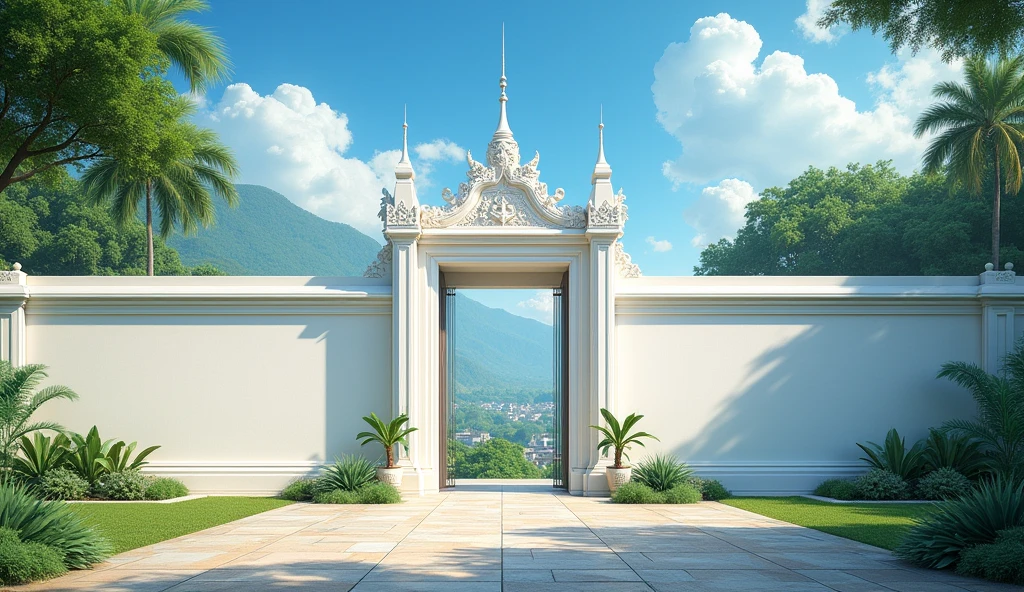 The white city wall scene has a Thai feel. The front view shows only the wall, but no city gates.