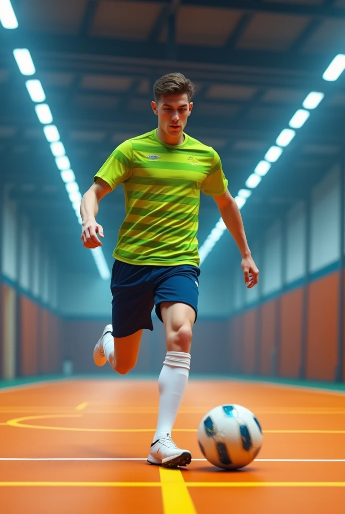 Generate an image of a young man around kicking a ball. He is on a futsal court well lit by white neon lights.. The court floor is orange with yellow lines. Her skin is white and her hair is brown and straight.. His shirt is lime green with thick horizontal stripes in avocado green., that cross the entire shirt. His shorts are navy blue and his socks are halfway up his shin and are completely white.. He wears white futsal shoes.