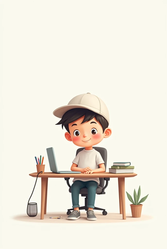 cartoon chracter of boy in 2D background should be white full white he wear cap and on his chair and table is in front of office table