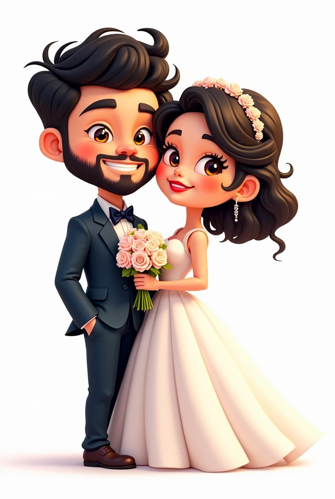 An image with a bride and groom couple, in cartoon style with white background, the groom has black hair and bangs the groom has a clean beard and short curly hair