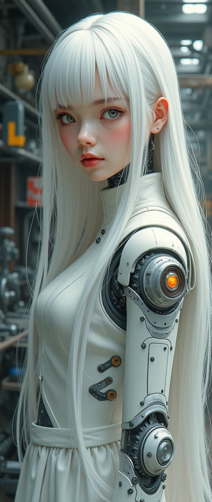 (masterpiece:1.4), (artwork:1.2), (Soft and simple colors:1.2), (Mechanical Arm:1.1), (Heterochromia iridis+Multicolor:1.33), (One girl:1:1), (long white hair with bangs,), (Portraiture:1:1), (Best Dissinger), (Wearing a robot+Technology Robe:1:2), (Very tight eyes:1.3), (Well done Iris+I drew+perfection:0.8)0.7], (Highly detailed CG 8k unit wallpaper 0.6), (Machine Shop Scenario:1:1)