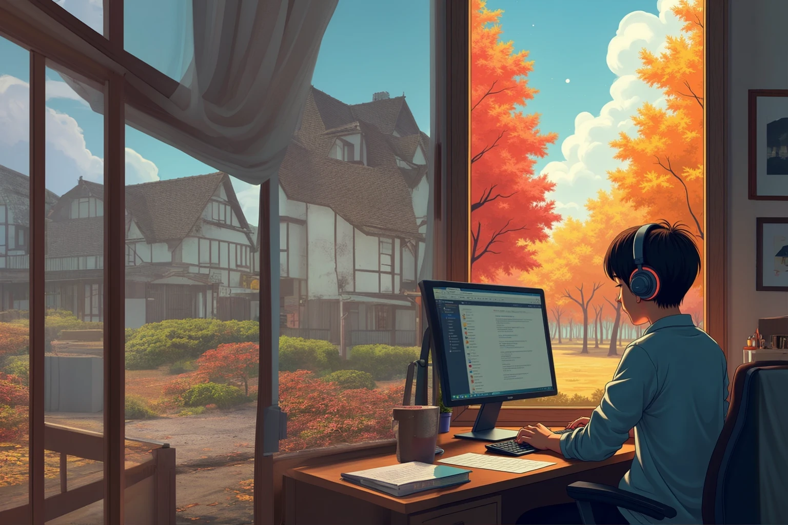 Same Window、The view is of the town、There is an autumn atmosphere