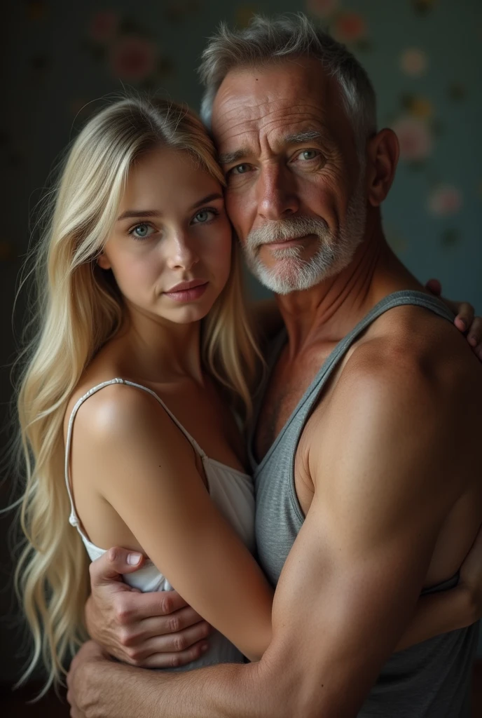 15 yo girl, old man hugging girl body,Beautiful blue eyes, long sexy hair, ((being seduced and fondled on her small breasts by an elderly man)), old man, kising old man, Portrait mode