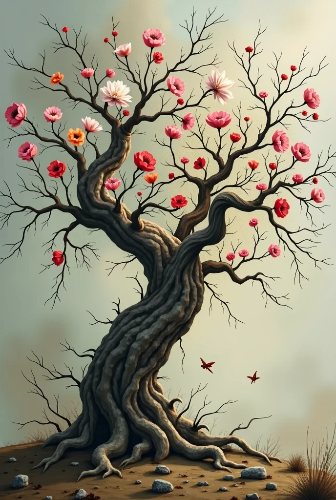The dead tree sprouts new flowers