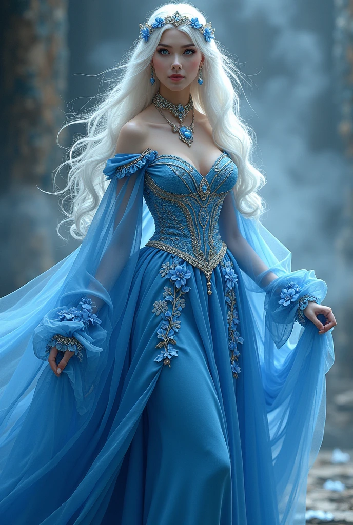 Princess, (((blue dress))), flowers, jewelry, long sleeves, wide sleeves, chinese clothes, hanfu, embroidery, long skirt, long flowing white hair, detailed face, detailed beautiful blue eyes, (intricate:1.3), (arcane aura:1.2), (dreamlike: 1.3), (subtle mist:1.1), (vibrant colors: 1.2), (detailed hair:1.3), (ultra realistic details:1.5), full body pic