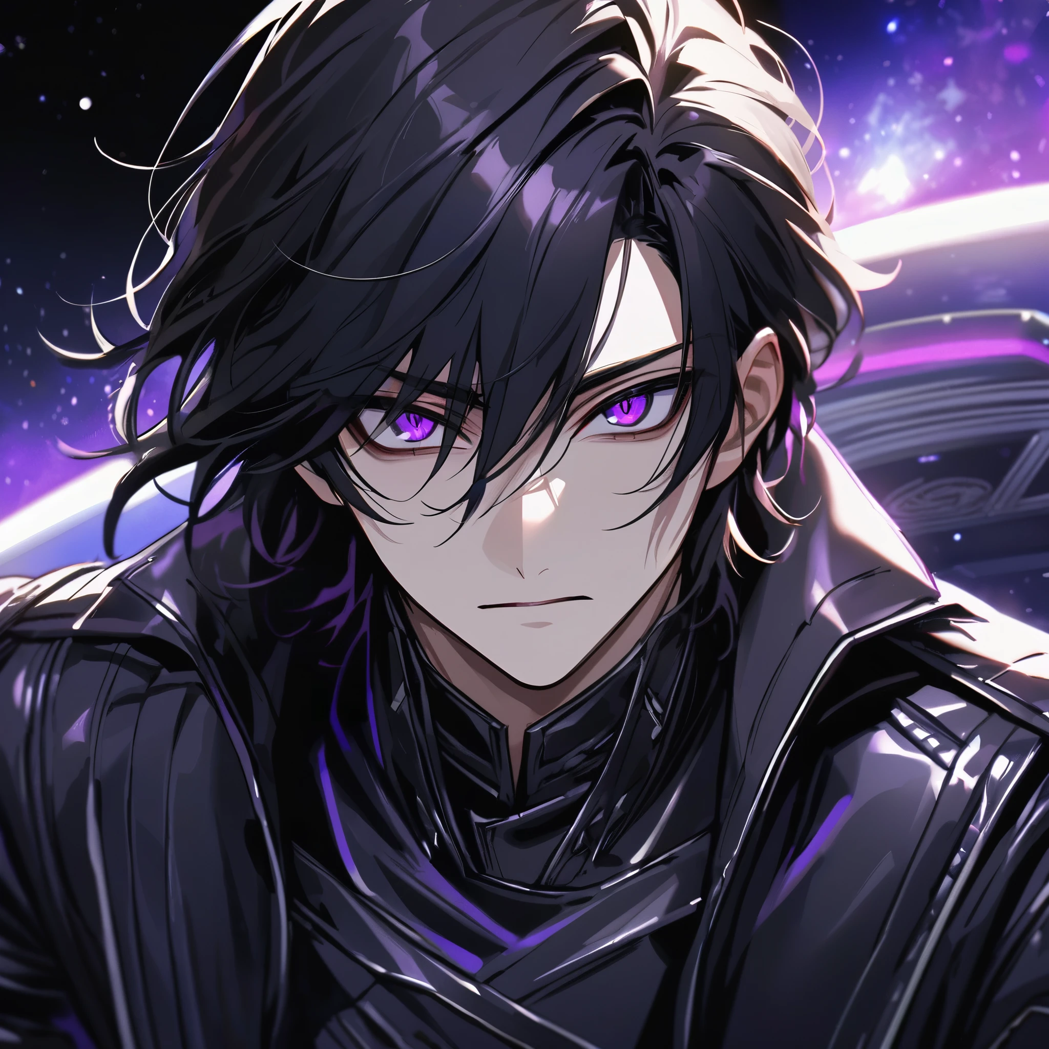 High quality, HD, 4k, no shadows, handsome male, handsome, extremly handsome, 1male, 1 male, teenager, pure black hair, short black hair, dark hair, black hair, jet black hair, sharp eyes, deep purple colored eyes, dark purple colored eyes, deep violet eyes, violet eyes, devil may cry, close up, calm expression, stoic expression, black leather clothes, black leather clothing, leather clothing, lean body, well trained body, upper body, looking at viewer, cowboy shot, white solar, space background