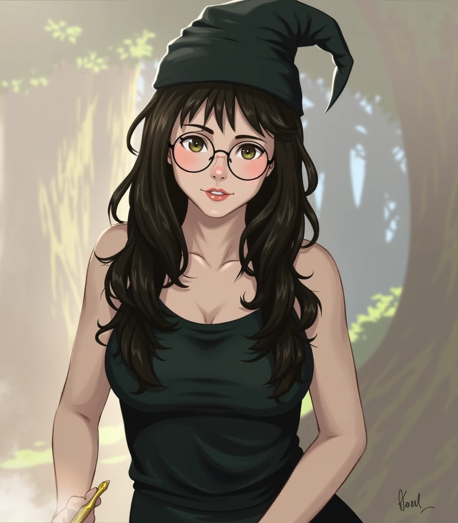 Harry Potter holding a magic wand, wearing a witch&#39;s hat, casting spells in the forest.