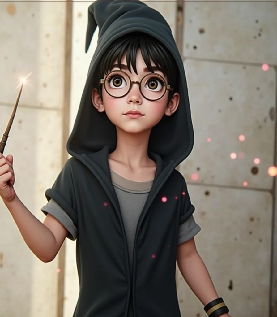 Harry Potter holding a magic wand, wearing a witch&#39;s hat, casting spells in the forest.