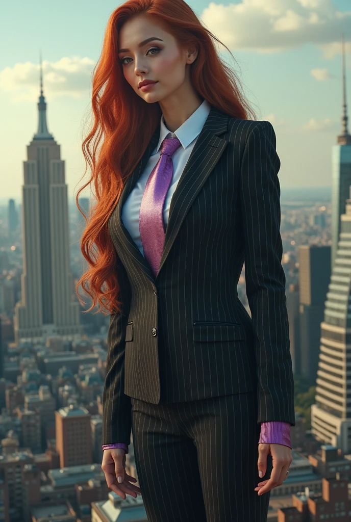 giant, giant art, giantess, heels much larger than a skyscraper , huge breasts, thin hourglass figure, black pinstriped suit,white tailored shirt, very thick metalic purple tie, Has ginger waist-length hair,Wearing a pair of platform heels, leaning over, massive tie larger than a skyscraper, A look of enjoyment, Beautiful appearance,very small metropolis, Trying to destroy a miniature metropolis, Full body depiction, nffsw, Giga Giant, Exquisite makeup,quality, Cinema lighting,film grain,8k,textured skin,Super details,high detail,high quality,high resolution, smile