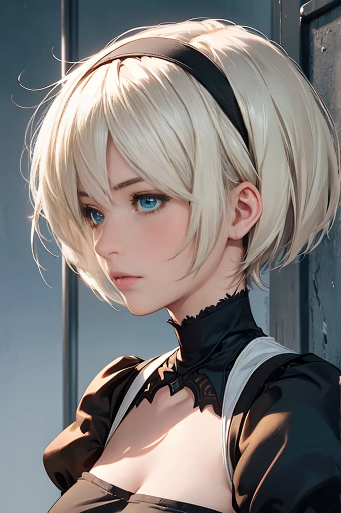 {(masterpiece,best quality, 16K portrait, UHD, extremely detailed the work, detailed beautiful face and eyes and skin and hair)} 
BREAK {(ultra realistic photo graphic style)} 
BREAK {solo,(2B of Nier-Automa:1.4), (lightbrown-lightwhite colored hair:1.4, short cut hair), (medium mouth),(narrow and sharp eyes),(attractive blue-glay eyes:1.4),(left-eye hidden by bangs:1.2),(slender body,small breasts):1.2,captivating lips} 
BREAK {(Nier-Automata-2B costume:1.2),(cleavage between breasts:1.2),(hairband)} 
BREAK {(profile:1.2),(looking away:1.4),(more face closeup:1.2)}