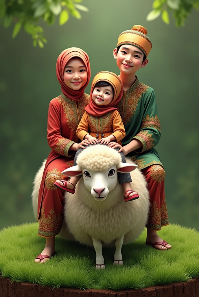 A family, each dressed in simple Muslim clothing, riding a sheep..original human. Native Indonesian people. Eid al-Adha. transparent background. Fresh green shades. facing the camera. Sheep standing on a circle of grass and a layer of soil on the edge