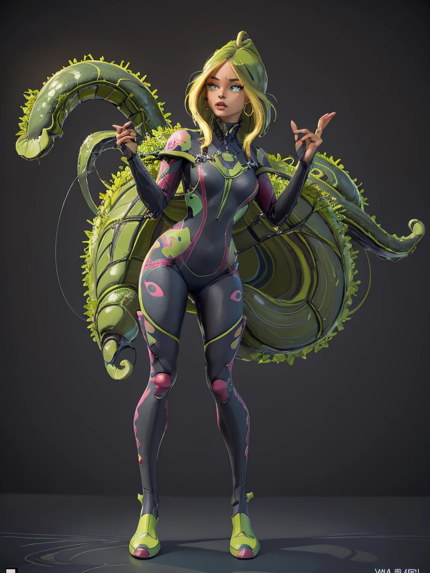 a beautiful detailed girl, beautiful detailed eyes, beautiful detailed lips, extremely detailed face, long eyelashes, cyber girl, girl in overalls, girl with nepenthes plant, girl with circuit pattern, girl with bio armor, black and green color scheme, 8k, high resolution, photorealistic, masterpiece, ultra detailed, physically based rendering, sharp focus, vivid colors, ((full body and standing)).