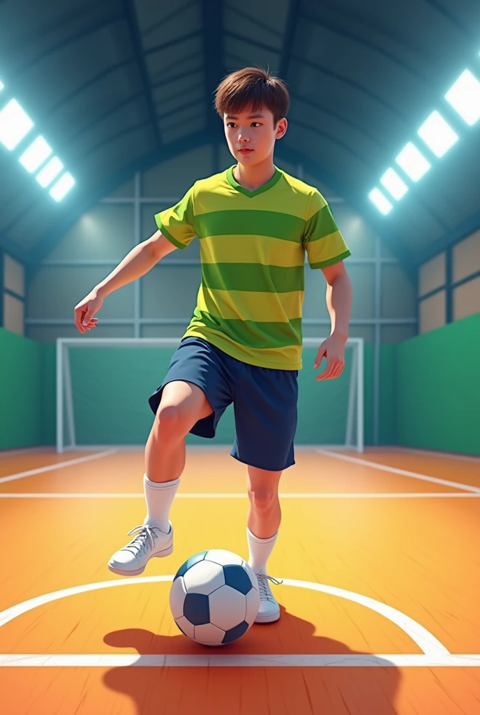Generate an image of a young man about 1 kicking a ball. He is on a futsal court well lit by white neon lights.. The court floor is orange with yellow lines. Her skin is white and her hair is brown and straight.. His shirt is lime green with thick horizontal stripes in avocado green., that cross the entire shirt. His shorts are navy blue and his socks are halfway up his shin and are completely white.. He wears white futsal shoes.