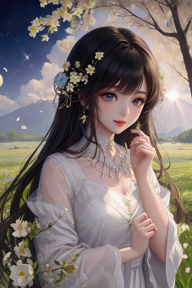 (masterpiece、Highest quality、8k、High resolution)、1 female、Beautiful eyes with slit length、Cute lips、Beautiful Nose、Brownish black hair、smile、(Best anime girl)、Green grassland with forest view、Walking,Colorful flowers blooming in the field,A bright night with the stars clearly visible、milky way、Mysterious light particles from the whole body、Colorful light particles、A mysterious light shining around your head、melt、jewelry、necklace、White lace dress、(Beautiful full body style)、Highly detailed anime art、A complete portrayal、