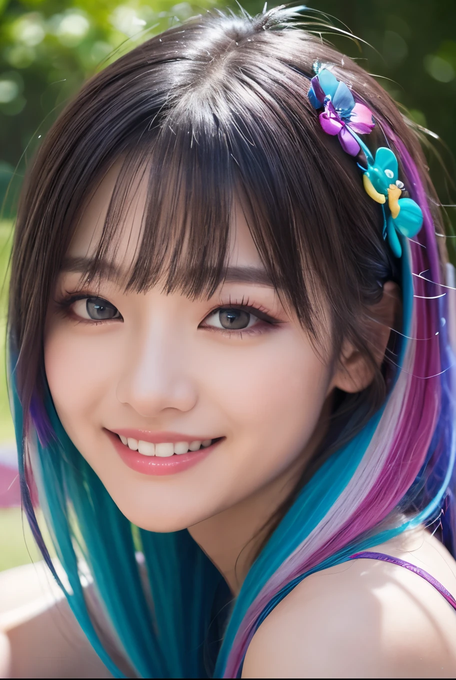 high quality, real、High resolution, Realistic、8k、masterpiece, detailed.impressive, Cutting-edge female photography portraits、(BBQ、camp)、No sleeve、Happy expression、smile、Looking at the camera、cyan, and purple, Her vibrant makeup really catches the eye.. Her colorful hair is tied up high、Various hair colors