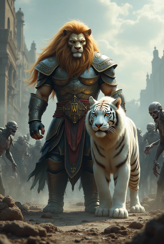 A humanoid lion warrior,  wears a belt with the inscription PWW, together with a white tiger, also humanoid, faces a horde of zombies.