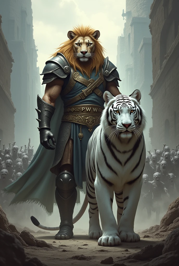 A humanoid lion warrior,  wears a belt with the inscription PWW, together with a white tiger, also humanoid, faces a horde of zombies.