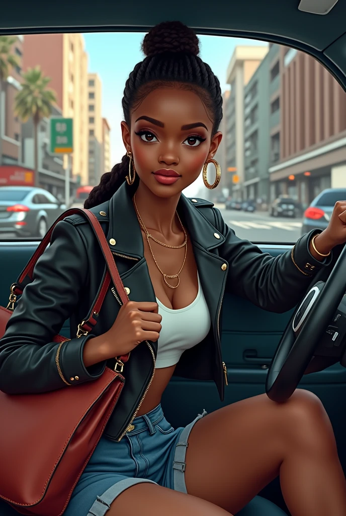 Fille africaine cheveux attaché veste cuir mini short jean grand sac a main, elle conduit une voiture
