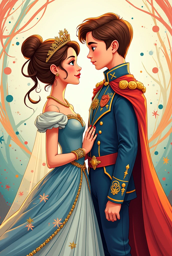 High detail vector drawing of a girl wearing a princess and a prince looking forward and showing their full bodies in the picture. Colorful line art drawing. Vector drawing.