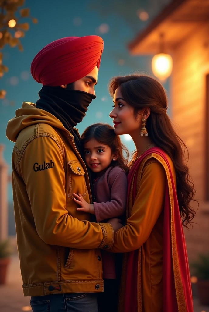 A PUNJABI BOY 2, AND ON FACEVBLACK HANDKERCHIEF WEAR RED TURBAN, YELLOW DENIM ON WRITING BOLD NAME IS "GULAB" JACKET CARGO PENT, WITH PUNJABI WIFE,BEAUTIFUL ,NIGHT AND ROMANCE, AND QUITE SMILE, FIGHTING REALISTIC, AND PUT HIS BEAUTIFUL DAUGHTER 3 YEARS WHO  NAME ON "SEERAT"