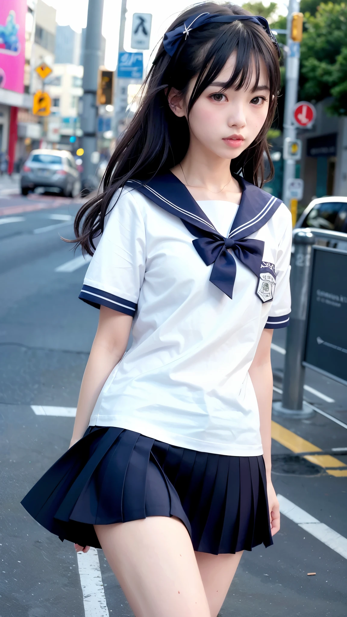 (masterpiece, highest quality:1.2), 8K, young beautiful girl, 85mm,Official AR RAW photo, 、clothed big breasts、show me your ears、photo shoot, cute face, thighs, After school classroom, looking at the viewer, embarrassing、smile、no makeup, film grain, chromatic aberration, sharp focus, face light, clear lighting, Ten generations, detailed face, background bokeh、((((((16 year oool girl))))))、thin waist、sailor suit、dark blue mini skirt、lift the skirt with one's hands、white small panties、wet、open your legs、dancing