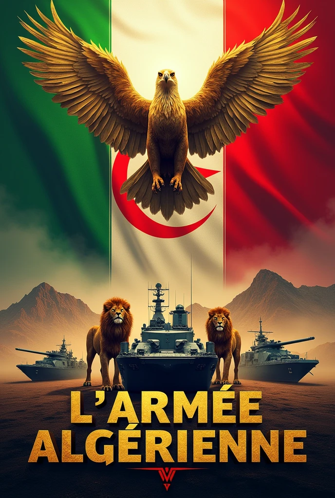 L'armée algérienne écrit en lettre d'or 
Aigle royal  les lions de la  Atlas  l'Algérie les  couleur vert blanc croissant de lune et étoile rouge couleur sang avion porte-avion sous-marin et armée de terre.  Écrire CESLESTy en lettres d'or