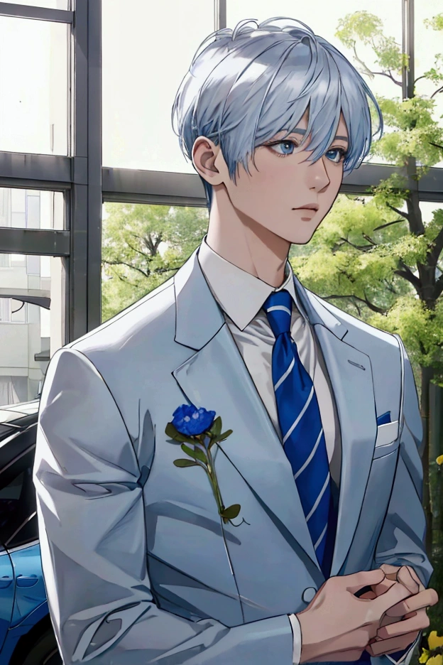 (One wearing a full light blue striped suit、White shirt、tie、Japanese man about 180cm tall)、best quality、masterpiece、Ultra-high resolution、(Photo realism:1.4)、original photo、(街道上One wearing a full light blue striped suit、White shirt、打tie的年輕英俊的日本男人、Standing under the ginkgo tree、Yellow and big ginkgo leaves、Clear details of leaves)、(There is a white BMW840I next to the man、Man&#39;s hands on car roof) shadow、Octane Rendering、8K、super sharp、real light、(There is only one white BMW on the street、man&#39;s shining eyes、looking in the direction of the camera)、super high quality、High target、gentleman、very beautiful hair、Bright photos、The man is as handsome as a model and as handsome as an idol,Professional profile photo, Professional portraits、Realistic portraits, Detailed color portrait, Idol portrait, high quality photos.