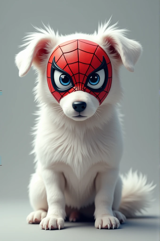 A dog with white glossy look wearing spiderman mask 