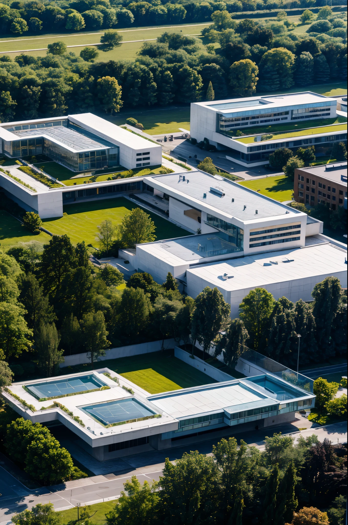 master plan of a large hospital, buildings in concrete blocks and glass, isolated buildings with glass bridges connecting them, large gardens and walkways between the buildings, two large side avenues flanking the complex, modern achitecture, hyperrealistic  image, architectural details, cinema light, swirly vibrant colors