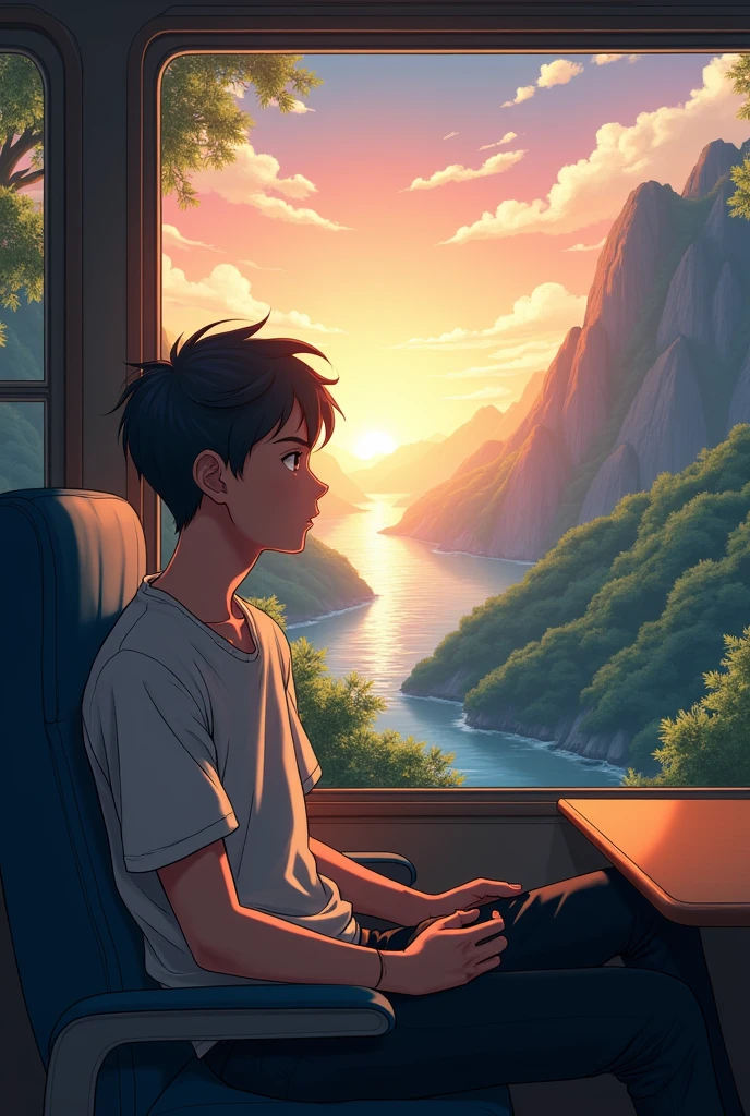 The overthinking boy age 30 sit in bus and seeing the outside to the window form bus in high altitude point mountain view sunet realistic Anime jungle and sea motivation front angle realistic