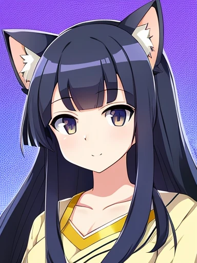 An anime girl with cat ears, very long black hair with bangs similar to Hinata Hyuga's and big golden eyes. , with a red miko-style priestess costume