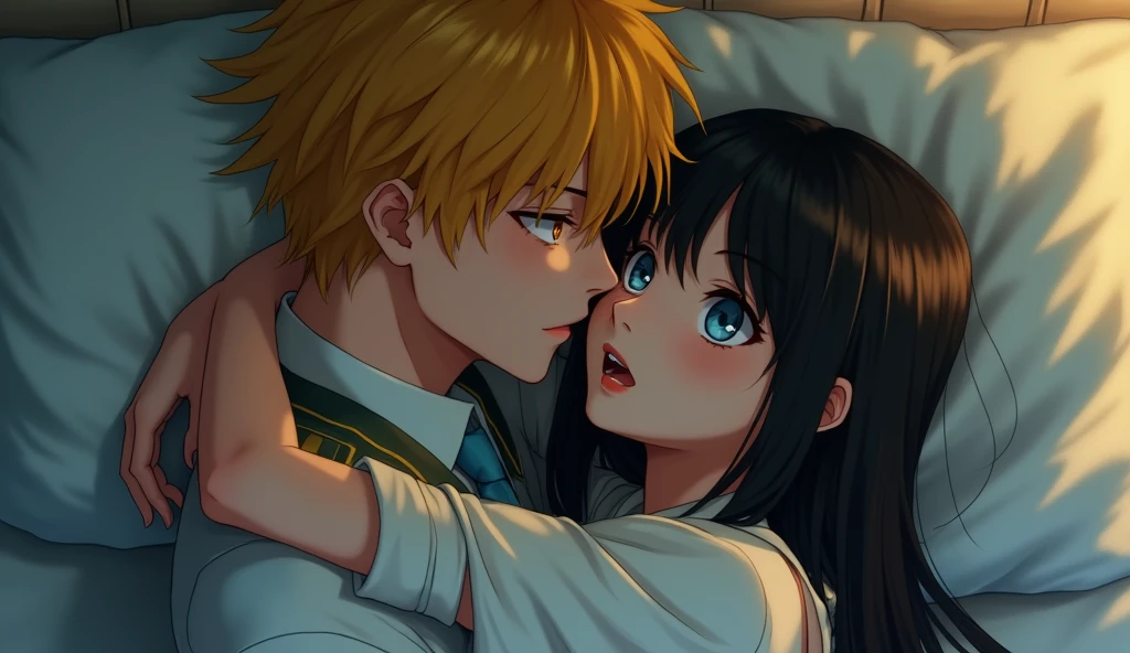 (32K:1.9, Realistic:1.9, Highest quality, masterpiece, Ultra-high resolution), Perfect dynamic composition:1.3, Highly detailed skin and facial textures:1.3, (Cute sexy slim Japanese schoolgirl, Height: 155cm), (Slim man, Length 180cm), ((Both of them lie on the bed, A man carries a woman in his arms:1.3, to kiss:1.4)), Fair skin, ((Clarity:1.1)), (The guy has a great uniform:1.3, Bright yellow hair, beautiful目:1.3), (The woman is wearing a uniform with a light blue tie..:1.3, Straight black hair.:1.3, smile:0.9, A man completely charms a woman:0.9, beautiful Blue Eyes, beautiful, Clear Eyes:0.8), Sexy Face:0.4, blush:1.1, (beautifulエロティシズムを醸し出す雰囲気:0.8, Professional random camera work, Cinematic Lighting Effects, romantic, mysterious), (Too erotic), Object of admiration, original, dramatic, artistic, Innovative, charm, Heartful, Fancy, Tilt, sense of loss, special, exciting, Extreme, sense of openness, joy, joyの表現, ((若さのcharm, 女性的なcharm))