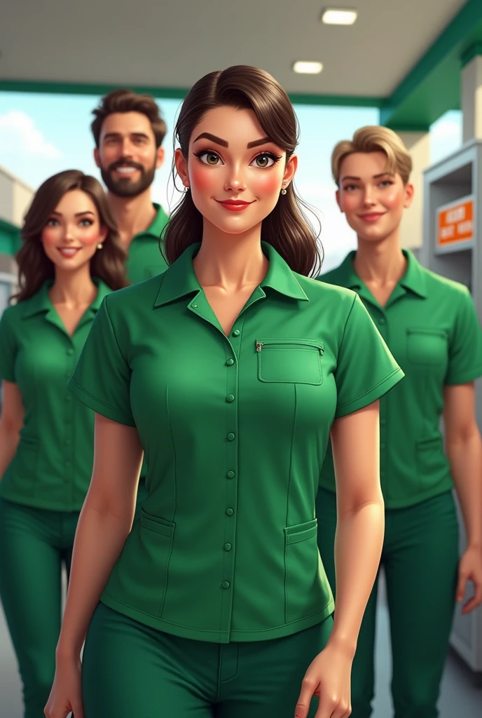 5 gas station attendants, 2 women and three men, all wearing green shirts