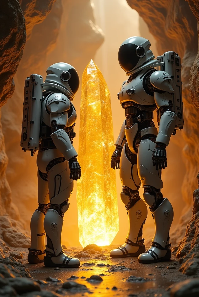 Creative image in which a man in advanced spaceship suit finding a golden big crystal in a cave keypad advanced robot in front of the Crystal and make a big fighting sequence and that and the astronaut should be been and the robot parts should be broke out