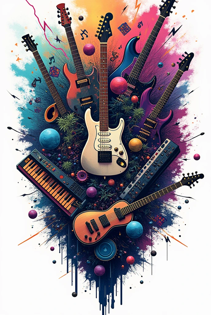 Create an extremely intricate and complex music band logo with a transparent background. The logo should be a chaotic yet harmonious fusion of various musical and abstract elements. Include a dense array of overlapping musical instruments such as electric guitars, violins, saxophones, keyboards, drum sets, and DJ turntables, all intertwined with swirling musical notes, soundwaves, and abstract shapes like fractals, spirals, and tessellations. Incorporate cosmic elements such as stars, galaxies, and nebulae, along with natural elements like lightning, fire, water splashes, leaves, and smoke. Add geometric shapes such as cubes, spheres, pyramids, and hexagons, layered with intricate textures like metallic, glass, marble, and holographic patterns. Use a vibrant color palette with neon blues, purples, greens, hot pinks, and contrasting metallic hues like gold and silver, creating a 3D effect with shadows and highlights. The design should have multiple layers and dimensions, with elements overlapping and blending seamlessly, giving a sense of depth and motion. Ensure the overall style is highly detailed, avant-garde, and visually striking, with no text, and make sure it has a transparent background for versatility in use.