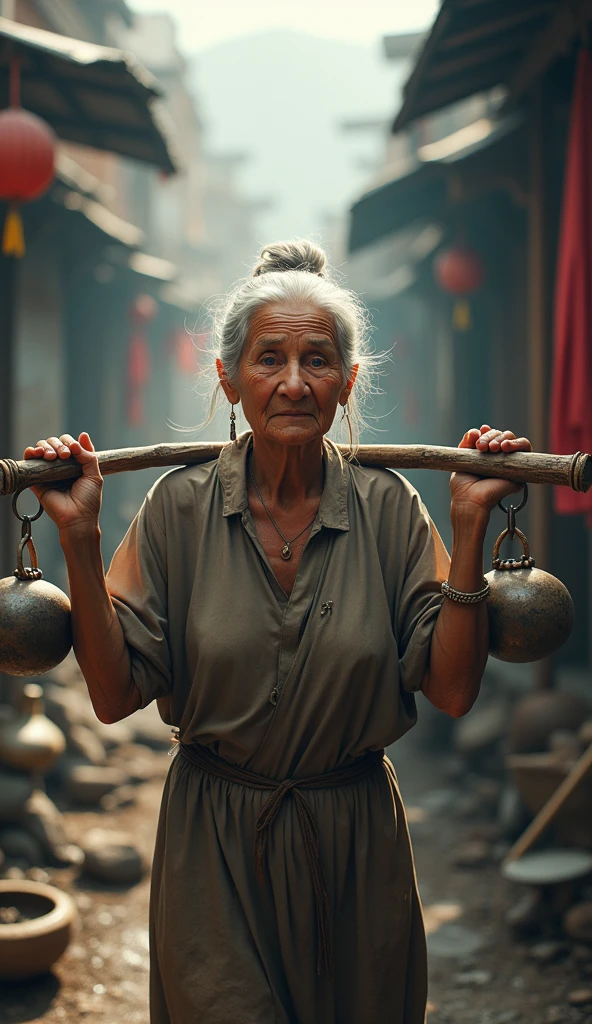 A kind and gentle elderly woman with silver hair tied in a loose bun. She has warm, wrinkled skin and wears simple, faded clothes, perhaps a long dress or a traditional robe. She carries a wooden pole across her shoulders with a pot hanging on each end, highly detailed, photorealistic, 8k, best quality, intricate details, vivid colors, dramatic lighting, realistic textures, chaotic scene, motion blur, dramatic shadow effects