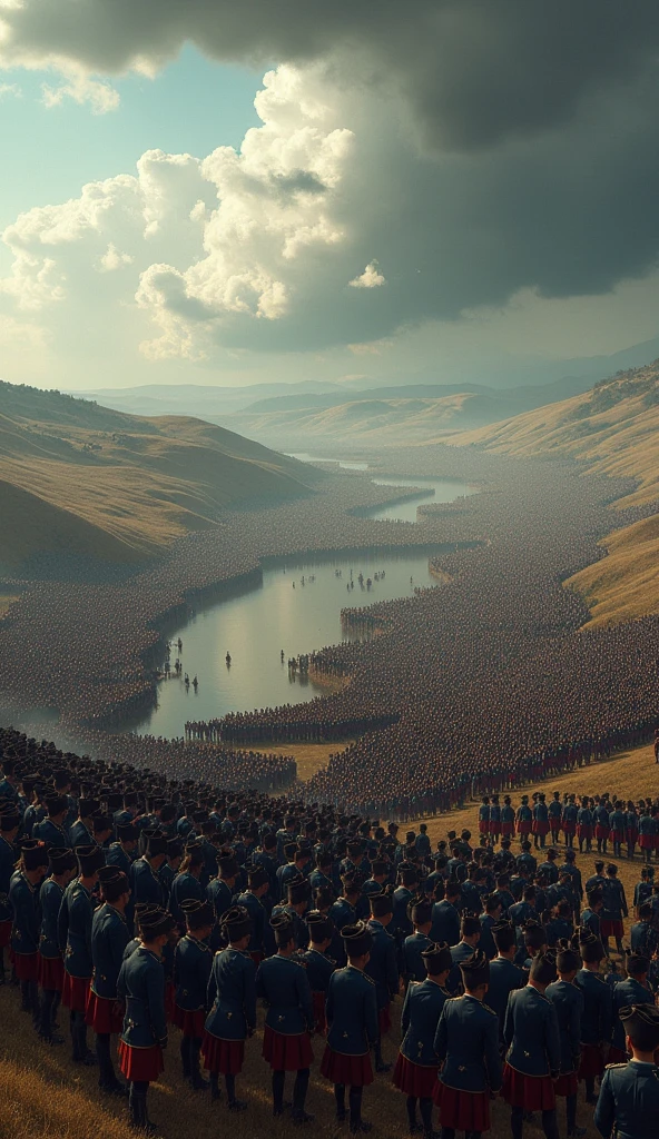 A panoramic view of a battlefield with approximately 2 million French soldiers ready for battle. The soldiers are dressed in Napoleonic-era uniforms with distinctive blue coats and tall shakos. The battlefield is expansive, with rolling hills and a river in the background, and the soldiers are standing in perfect formation under a stormy sky.