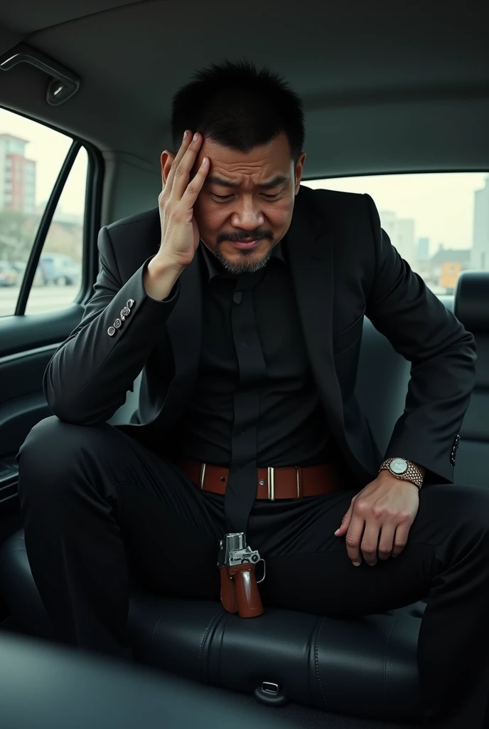 30-year-old gentleman korean,Black suit,Inside the car、mafia、Tall man、Squat with your legs wide apart、I have an erection、The crotch area of the pants is bulging,logic,Gay ,Very short hair、、Stubble,Iraqi face,Hermes Belt。Black socks、Equipped with a gun、Screaming under attack、Painful face