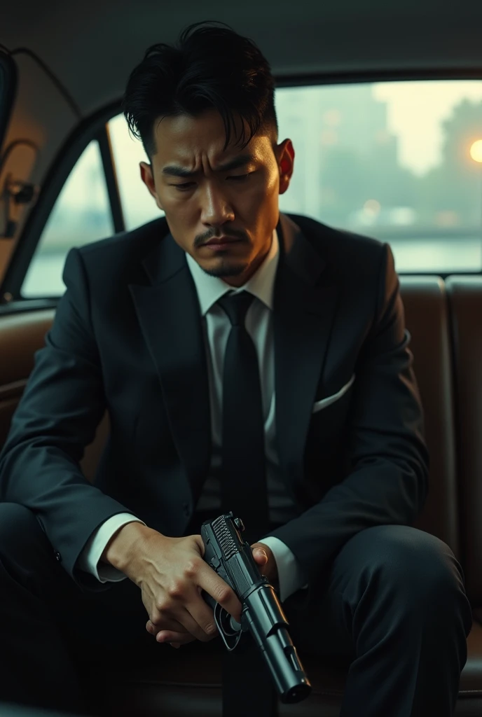 30-year-old gentleman korean,Black suit,Inside the car、mafia、Tall man、Squat with your legs wide apart、I have an erection、The crotch area of the pants is bulging,logic,Gay ,Very short hair、、Stubble,Iraqi face,Hermes Belt。Black socks、Equipped with a gun、Screaming under attack、Painful face
