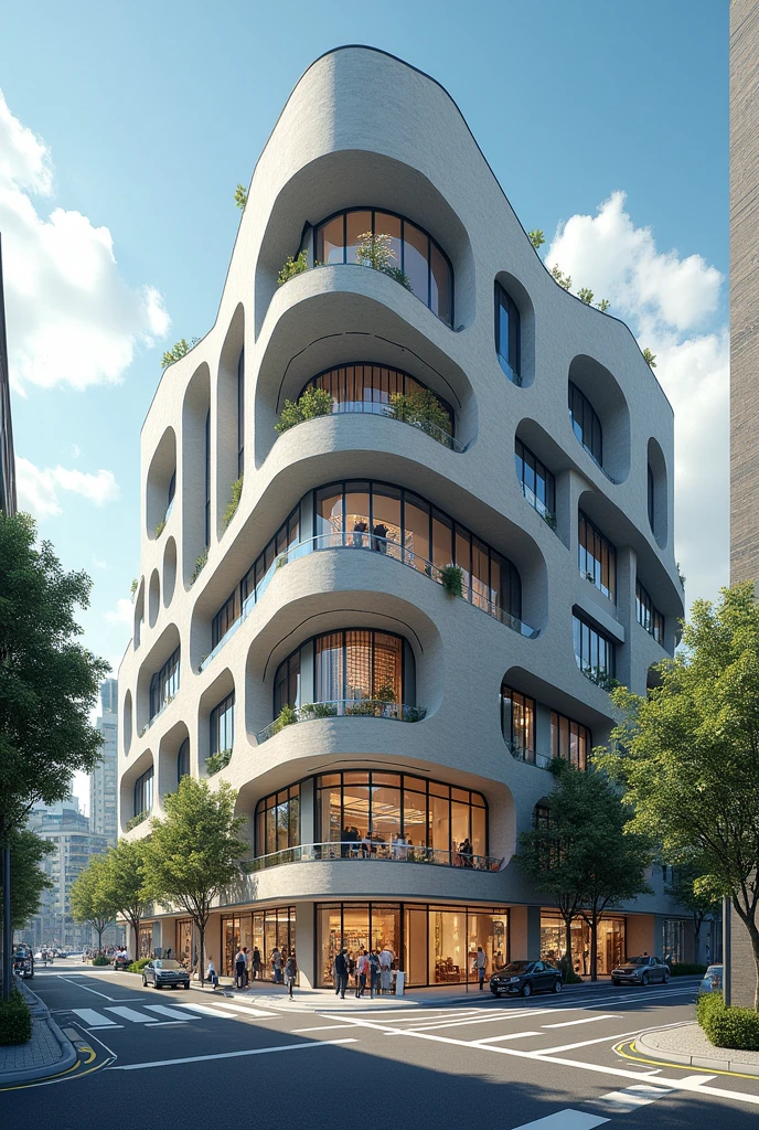 Shopping mall with a non-rectangular, non-vertical shape and touches of ancient and modern Japanese architecture seen from outside, as a street setting it includes social areas, parking and vegetation, The perspective of the building should be at an angle where its roof composition can be observed as well as the windows and divisions under the roof., that is to say, the entire building from ceiling to floor.. 