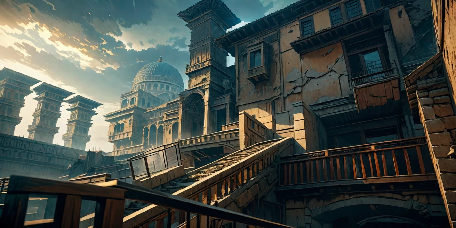 Anime Aesthetics, 动漫landscape, 景观landscape, (Yellow Tones, Blue tint,金色和红色的architecture,Colorful picture:1.2),(dusk:1.3),elden ring movie lighting, Inspired by Elden Ring, Farum Azoula, 古architecture, Rome style, Rocks floating in the air, Crumbling city, Megastructures, Moments before the Battle, dust in the air, Epic scenes, atmospheric opinion, Wide-angle lens, From below, From the outside, high resolution, 8K, best quality, Super Detail, The award-winning, masterpiece,unmanned, landscape, architecture, outdoor, Sky, stairs, window, railing,