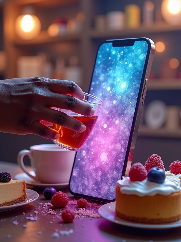 image of a cellphone being upright, from inside the cellphone you can see a Zambian lady with her hand extended out of the cellphone screen holding a cup while the hand from outside the cellphone is pouring Ice cranberry tea that she is holding. This is an "out of frame" photo. Next to her is a slice of Blueberry Cheesecake. Background of
cheesecake stand with different cakes, realistic, ultra k HD vivid colors. ultra-deluxe.