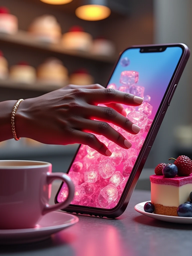 image of a cellphone being upright, from inside the cellphone you can see a Zambian lady with her hand extended out of the cellphone screen holding a cup while the hand from outside the cellphone is pouring Ice cranberry tea that she is holding. This is an "out of frame" photo. Next to her is a slice of Blueberry Cheesecake. Background of
cheesecake stand with different cakes, realistic, ultra k HD vivid colors. ultra-deluxe.