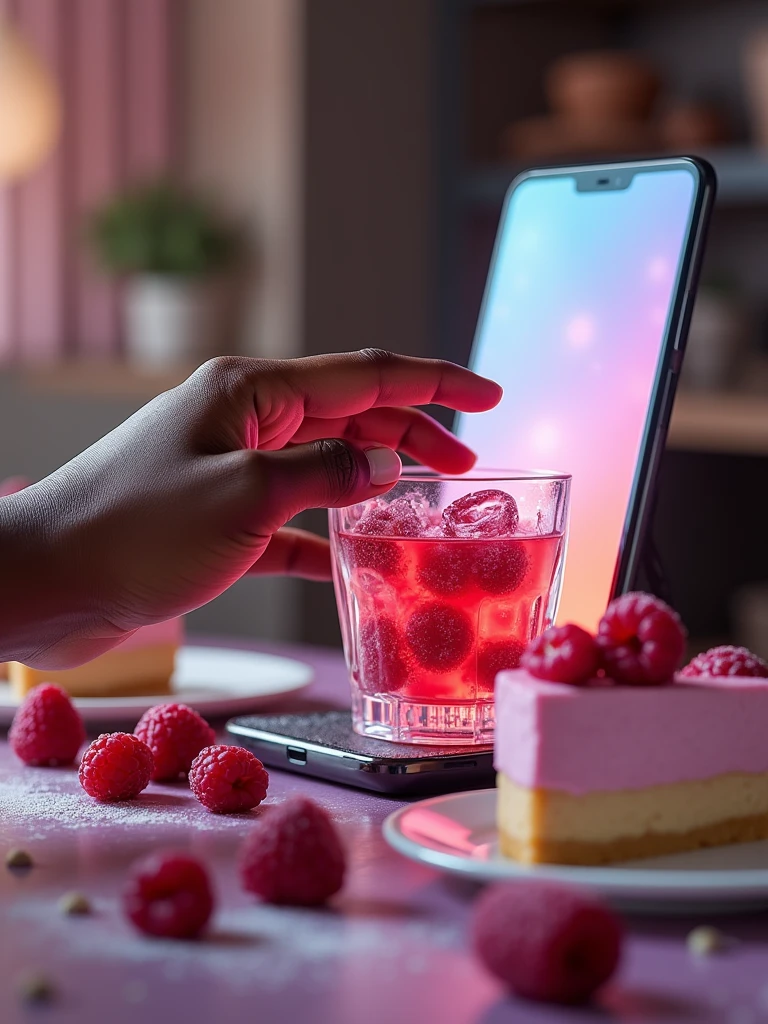 image of a cellphone being upright, from inside the cellphone you can see a Zambian lady with her hand extended out of the cellphone screen holding a cup while the hand from outside the cellphone is pouring  Ice cranberry tea that she is holding. This is an "out of frame" photo. Next to her is a slice of Blueberry Cheesecake. Background of 
 cheesecake stand with different cakes,  realistic, ultra k HD vivid colors. ultra-deluxe.