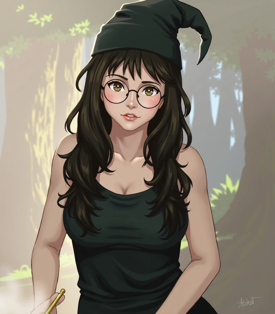 Harry Potter holding a magic wand, wearing a witch's hat, casting spells in the forest.